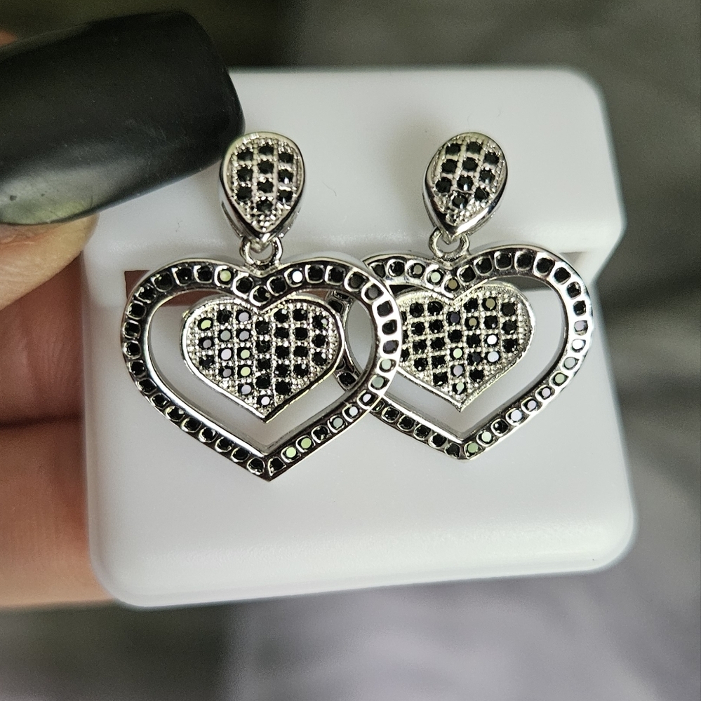 Elegant Silver Push Back Heart Earrings With Black Onyx Stones